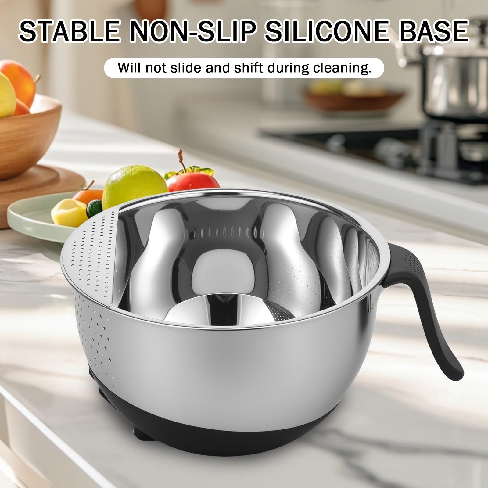 Colador De Arroz De Acero Inoxidable Cuenco colador for lavar arroz de acero inoxidable con Base silicona y mango, escurridores laterales versátiles for limpiar frutas verduras