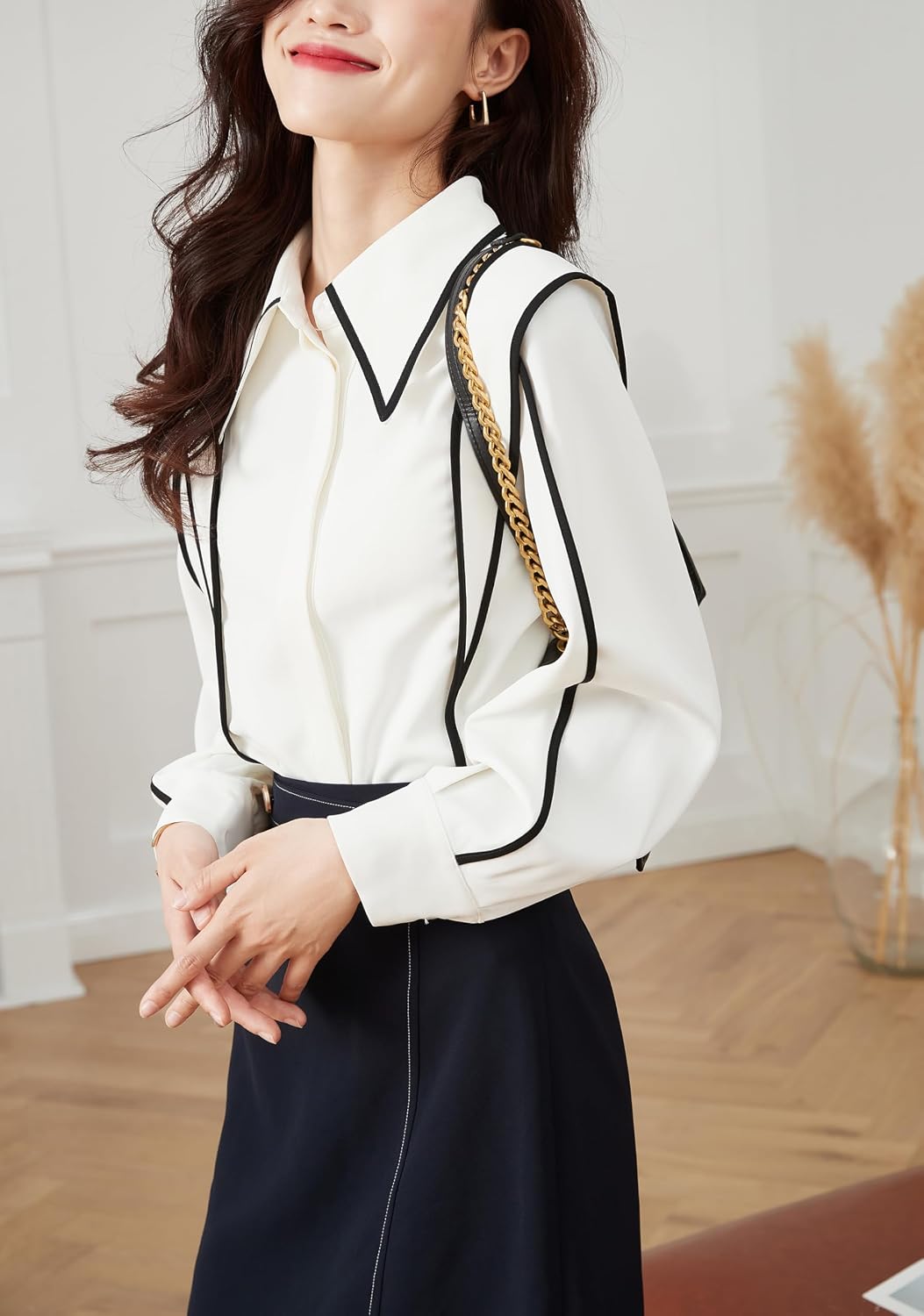 LAI MENG FIVE CATS Women's Fashion Shirt V Neck Lantern Sleeve Elegant Blouse Casual Button Tops