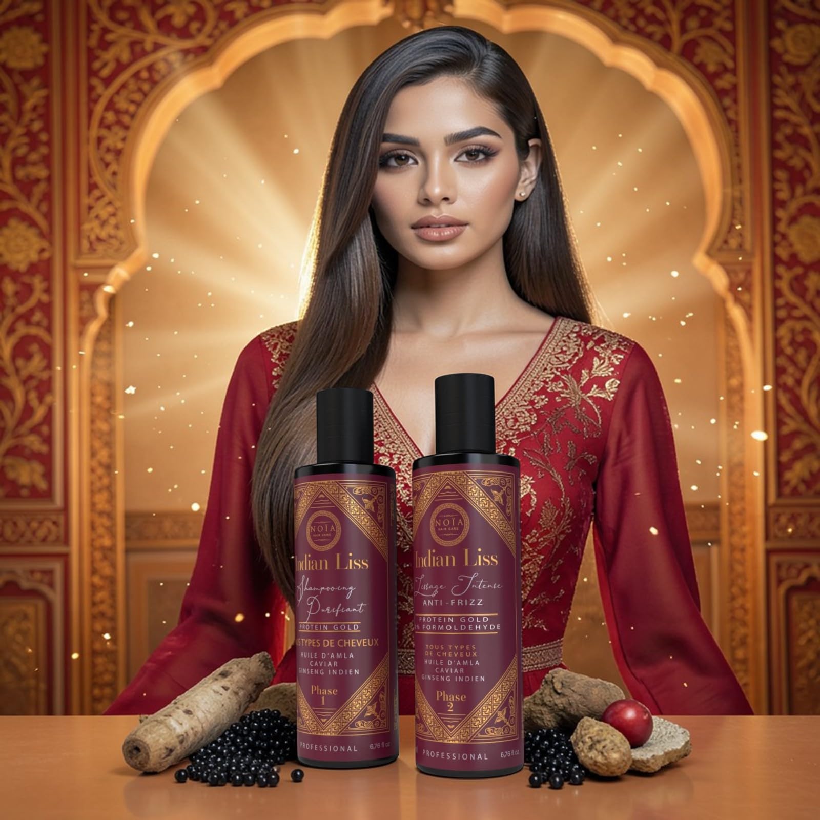 Noia Hair Indian Liss – Lissage Indien Professionnel 2 Étapes – Shampooing Purifiant + Soin Lissant Anti-Frizz – Kératine, Huile d’Amla & Ginseng – Cheveux Lisses, Brillants – 250 ml