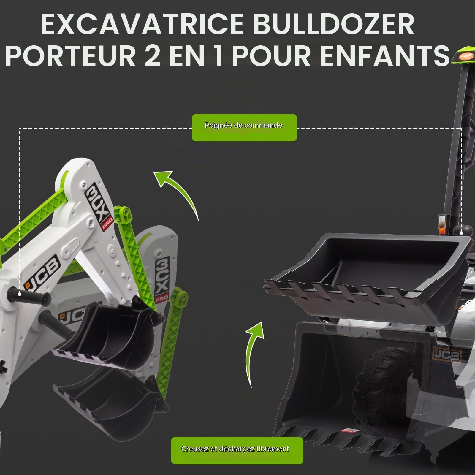 Zstar Tracteur électrique 4 en 1 pour Enfants 12V – Pelleteuse, Bulldozer, télécommande, klaxon, Plafond Amovible – Jouet véhicule excavateur, Vitesse 2-4 km/h – Blanc et Vert