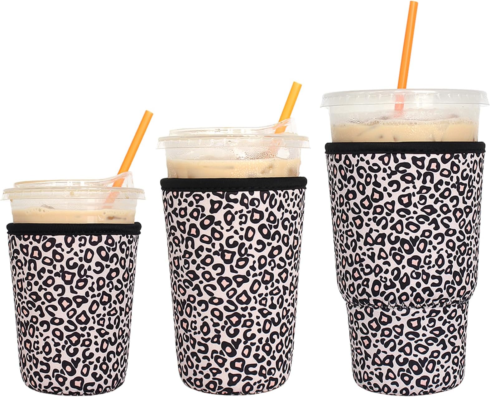 LOVAC 3 Pack Reusable Iced Coffee Sleeves - Insulator Sleeve for Cold Beverages, Neoprene Cup Holder - Starbucks Coffee sleeve, McDonalds Coffee sleeve, Dunkin Coffee sleeve，More (Leopard print)