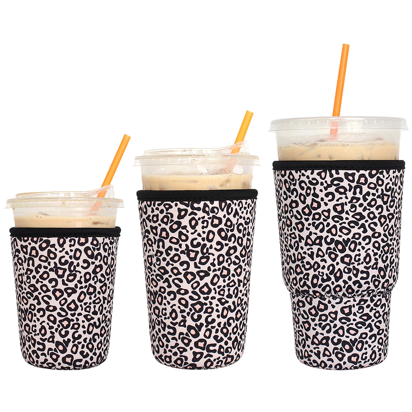 LOVAC 3 Pack Reusable Iced Coffee Sleeves - Insulator Sleeve for Cold Beverages, Neoprene Cup Holder - Starbucks Coffee sleeve, McDonalds Coffee sleeve, Dunkin Coffee sleeve，More (Leopard print)