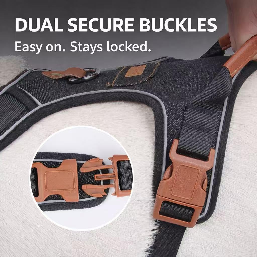 PawWave No Pull Front Clip Dog Harness – Adjustable Padded Denim Vest with Reflective Strips for Small, Medium & Large Dogs (Black, Large)