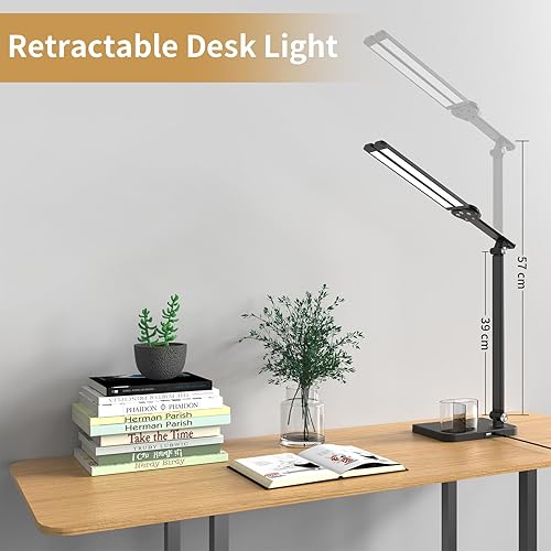 Miniatura 3 de Lámpara LED de escritorio con doble cabezal, altura ajustable, puerto de carga USB, 5 modos de luz y brillo regulable, lámpara de noche para leer,