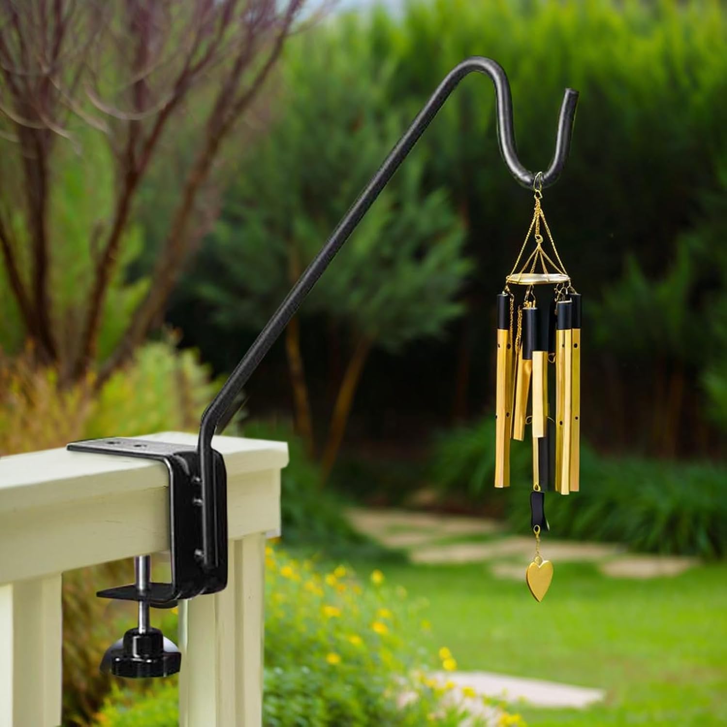 2 Pack Heavy Duty Deck Hook,Courtyard Decoration, 12”Long Solid Steel Deck Railing Hooks for Hanging Bird Feeders,Planters,Suet Baskets,Lanterns,Wind Chimes,Clamp Mounted