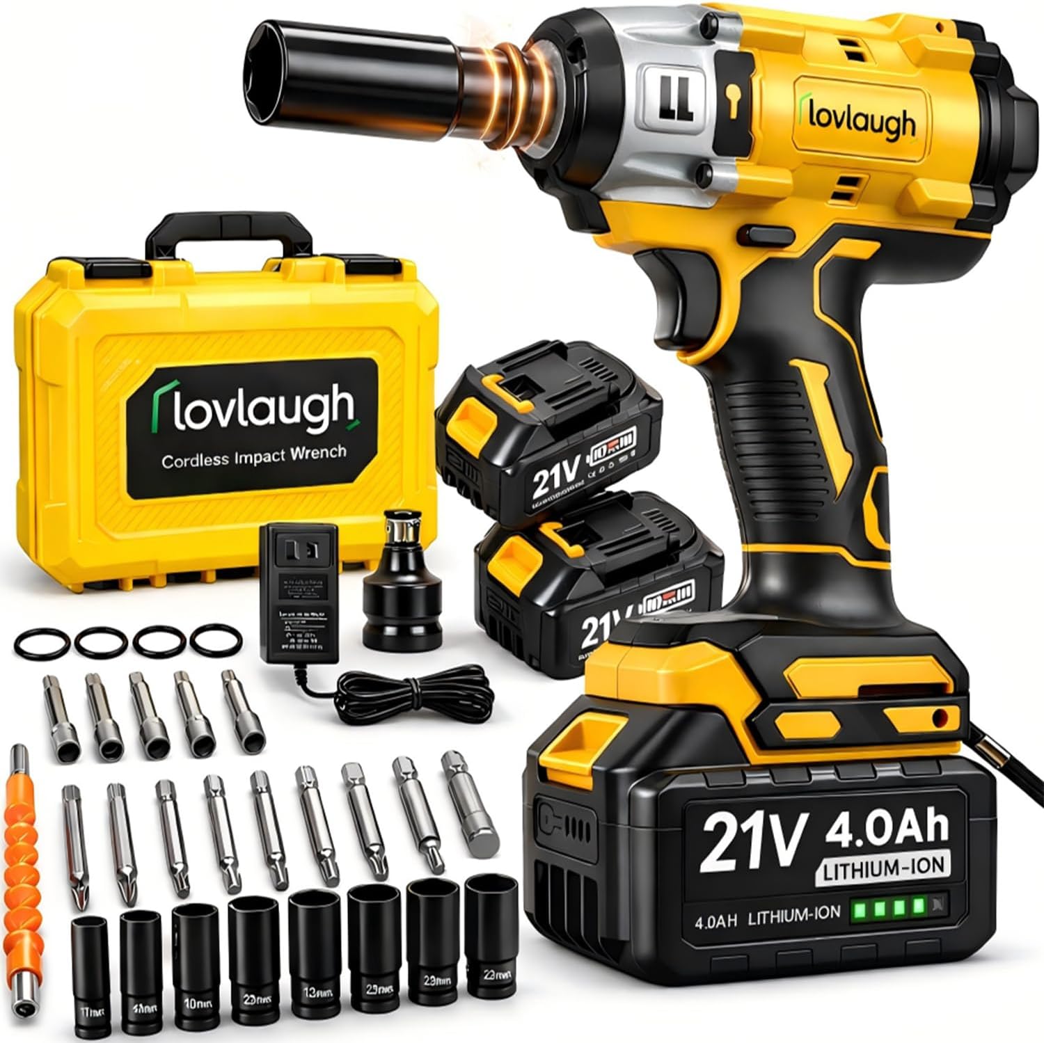 Cordless Impact Wrench 1/2 Inch, 350N.m(250 Ft-lbs) High Torque, Brushless Motor, 2x 4.0Ah Batteries & Fast Charger, 0-3300RPM, 7 Sockets & Bits Set, Electric Impact Gun for Automotive Repair & DIY