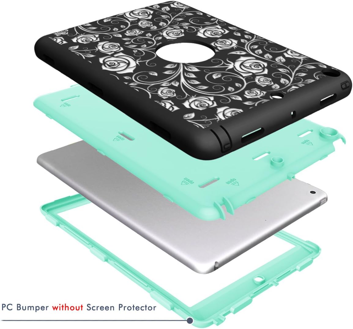 Hocase iPad 9.7 2018/2017 Case Heavy Duty Shockproof Silicone Rubber+Hard Shell Hybrid Protective Case w/Rose Floral Print for iPad 5th/6th Generation A1893/A1954/A1822/A1823 - Black/Teal