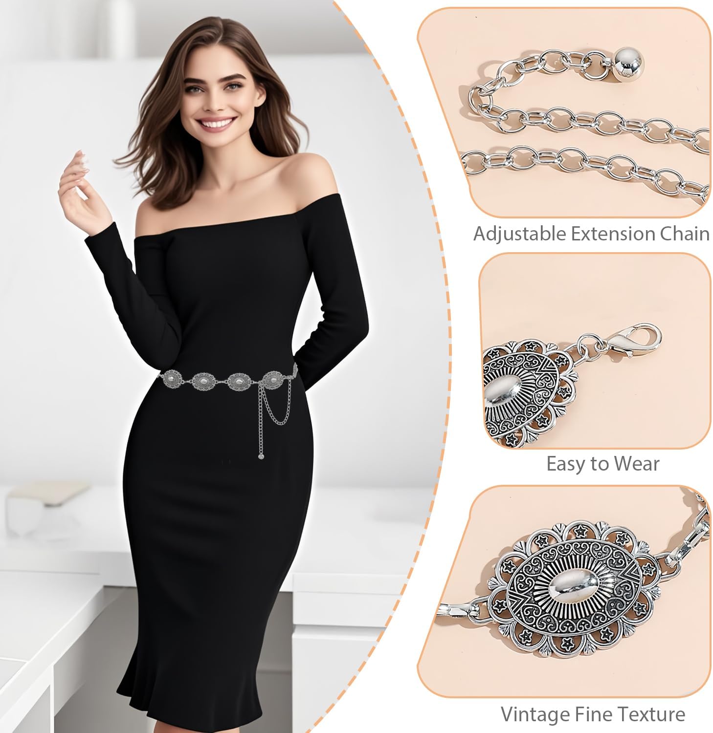 Western Concho Chain Belt for Women Boho Metal Belts For Country Concert Dresses Jeans Cowgirl Vintage Waist Belt thumbnail