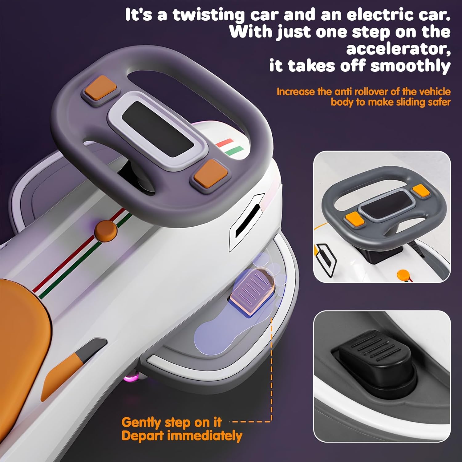 12V Pro Electric Wiggle Car with Pedal, Rechargeable Battery, CyberWiggle, 2 in 1 Swing Car, 2 Speed,Flashing Wheels, for Ages 3 and Up, 220 Lbs, White