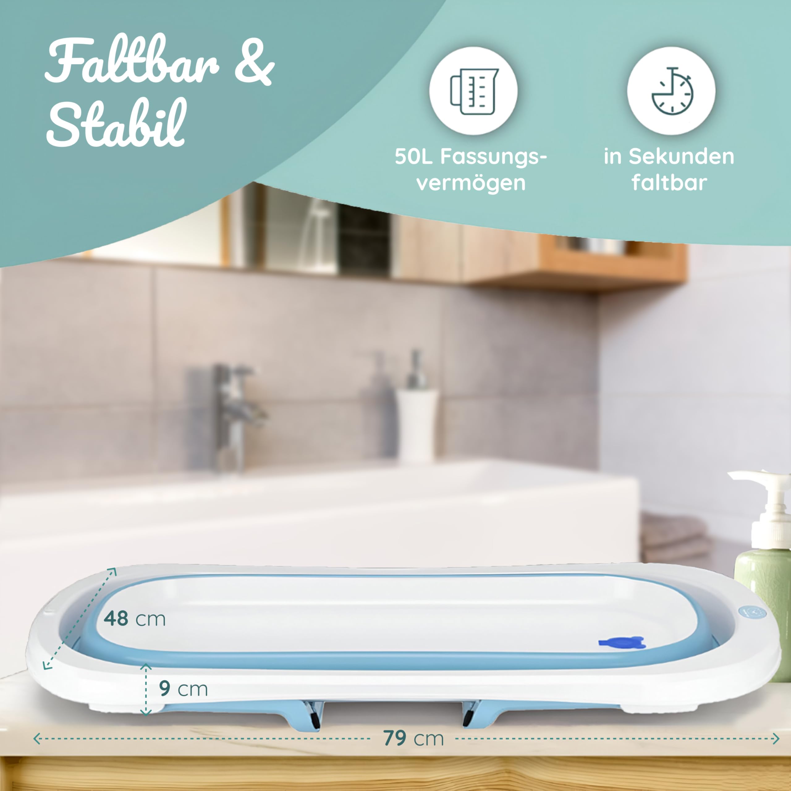 BEARTOP Babywanne Faltbar - Innovatives Design für einfache Aufbewahrung, inkl. Tragetascheneinsatz - Auslaufsicheres PP & TPE Material - 50 L Volumen - Ergonomisch, platzsparend und sicher - Blau