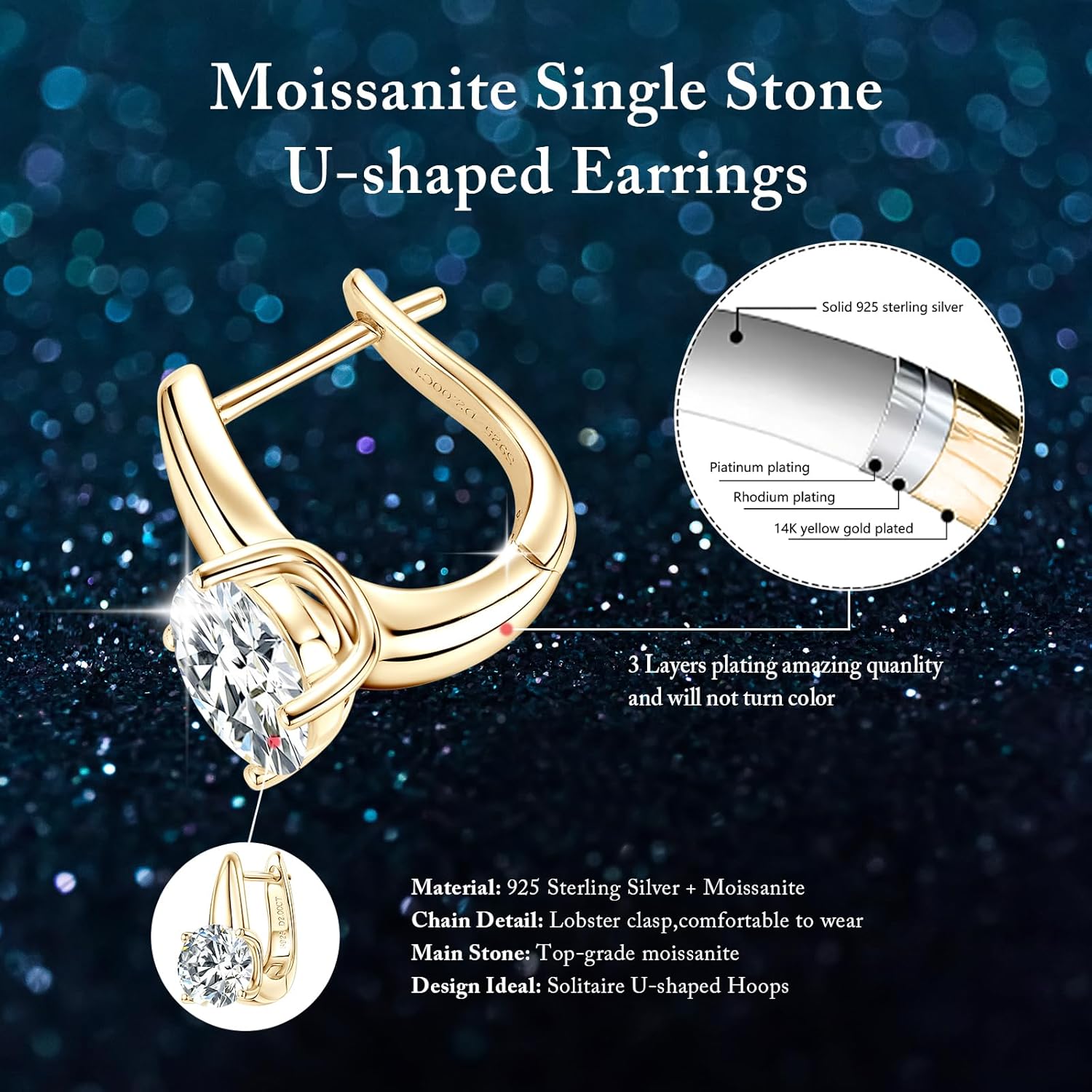 Moissanite Hoop Earrings for Women, 4CT/Pair Solitaire U-shaped Hoops, S925 Sterling Silver D Color VVS1 Clarity Brilliant Lab-diamond Jewelry Birthday Mother's Day Gifts - Image 2