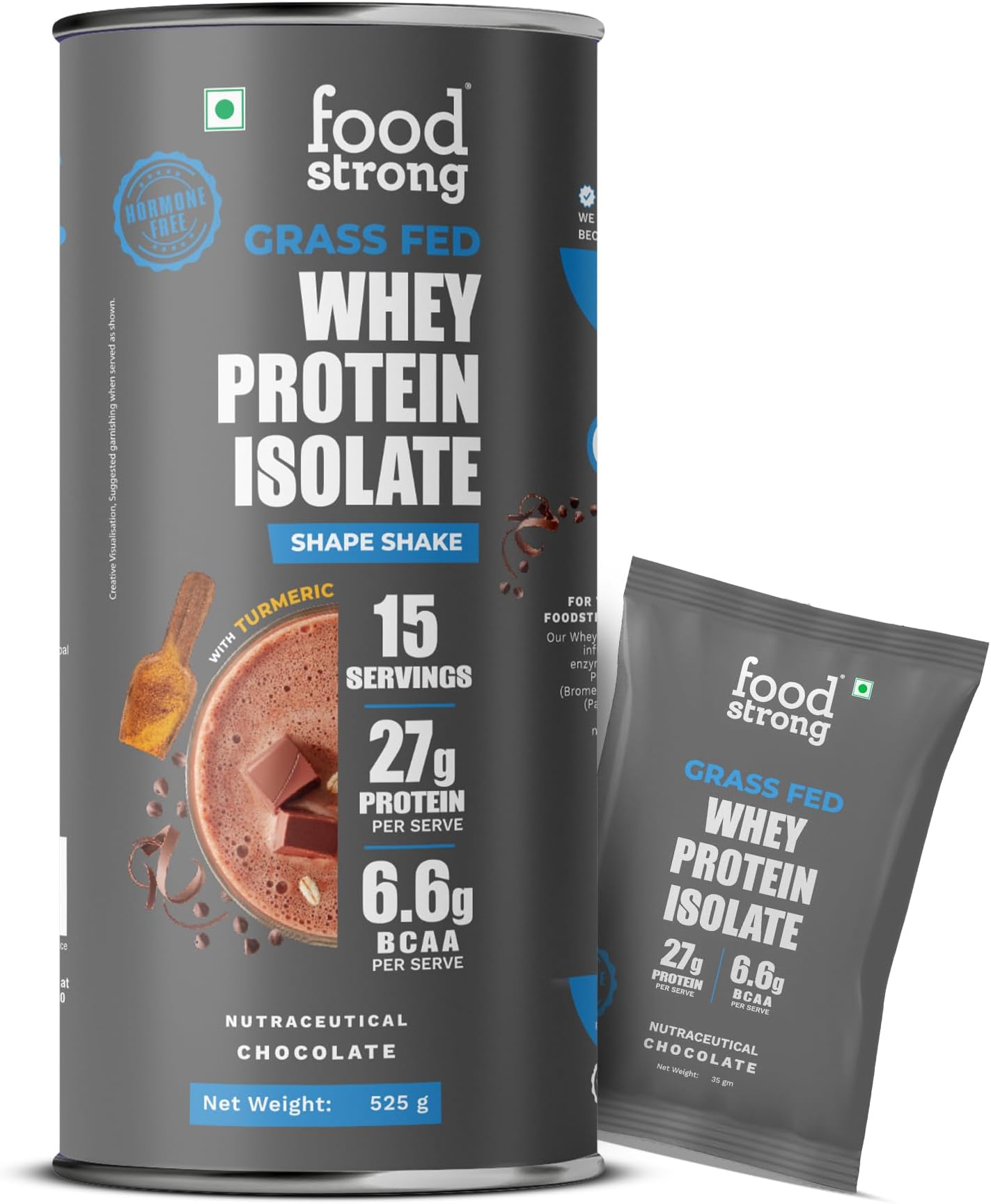 Foodstrong Whey Protein Islolate, 100% Hormone free Grass-fed Whey, 27g Protein & 6.6g BCAA, Shape Shake Chocolate Flavour, With Turmeric & Digestive Enzymes, No Added Sugar, 16 sachets, 525g