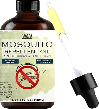 W4W Mosquito Oil - 100% Essential Oil Blend - 4 Oz - Mosquitoes, Gnats & Other Flying Insects - for use with Diffusers, Sprays, Lotions, Soaps - 4 Ounce Dropper Bottle