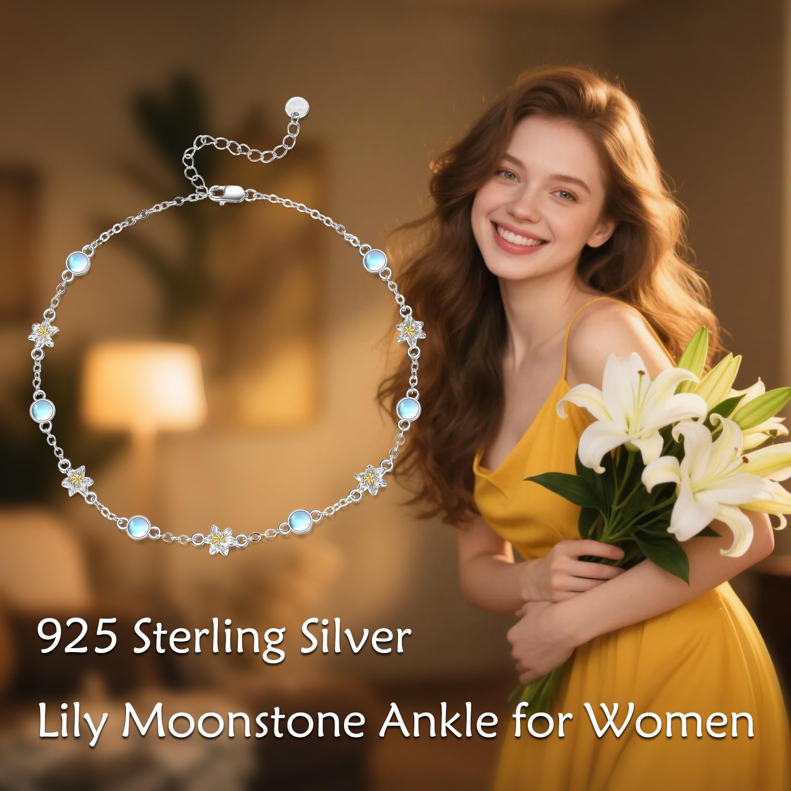 YFN 925 Sterling Silber Armband mit Gänseblümchen Blüten und Mondstein Zierliches Naturstein Schmuck Armband für Frauen Mädchen
