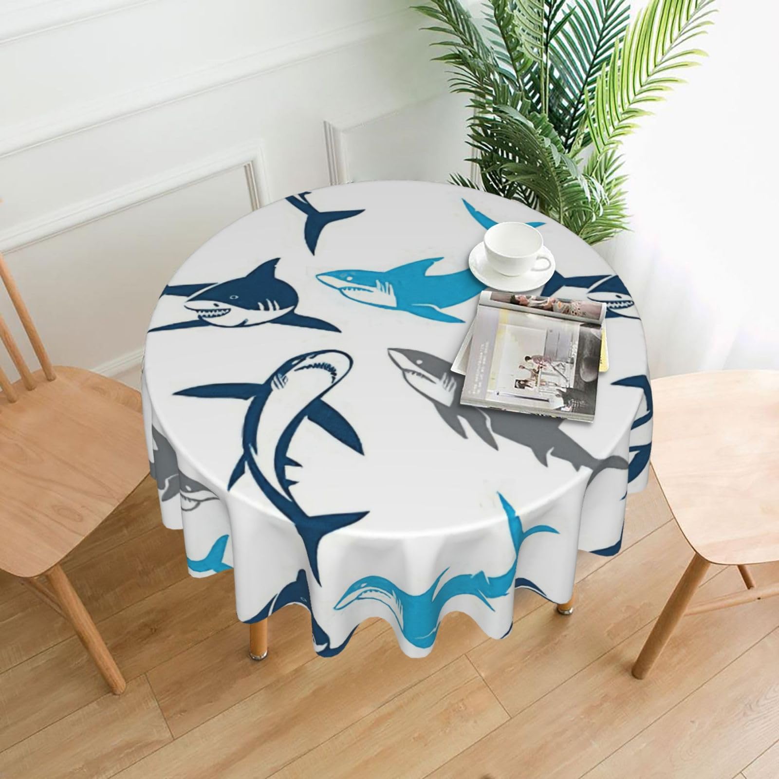 VCzsdff Sharks Print Stain Resistant Round Tablecloth 60in Family Friendly Polyester Cloth for Kids Meals