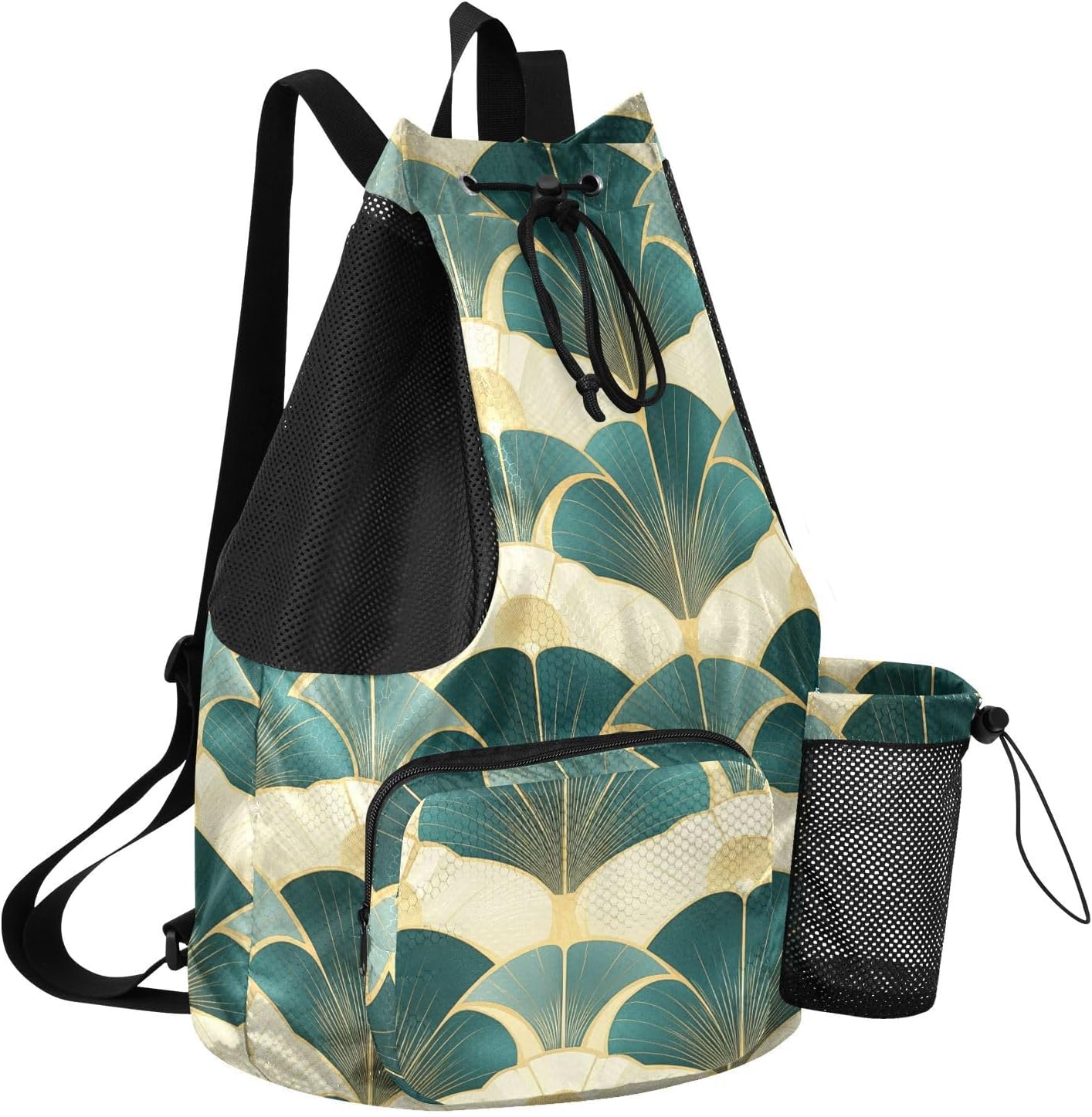 Geometric Green Abstraction Drawstring Beach Bags Pull String Back Pack With Inside Pockets Wet and Dry Separation