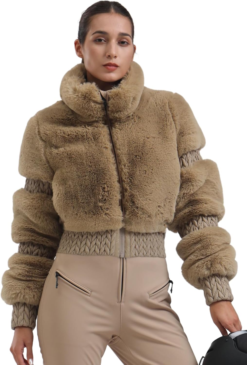 GSOU SNOW Women Ski Jacket Faux Fur Snowboard Coat Snow Cropped Jacket Winter Outdoor Warm