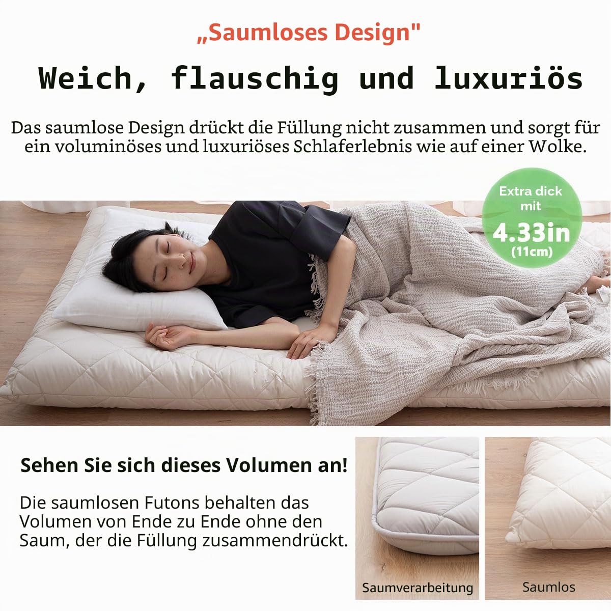 EMOOR Extradicke Japanische Futonmatratze Ohne Saum 140 x 200 cm Weiß, Hergestellt in Japan Faltbares Bodenschlafbett Tatami-Matte