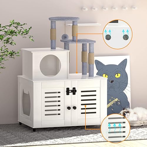 Miniatura 7 de EasyCom Litter Box Enclosure, Hidden Cat Tree Tower Furniture for Indoor House, All-in-one Wooden Cat Litter Cabinet with Scratching Post and Condo,