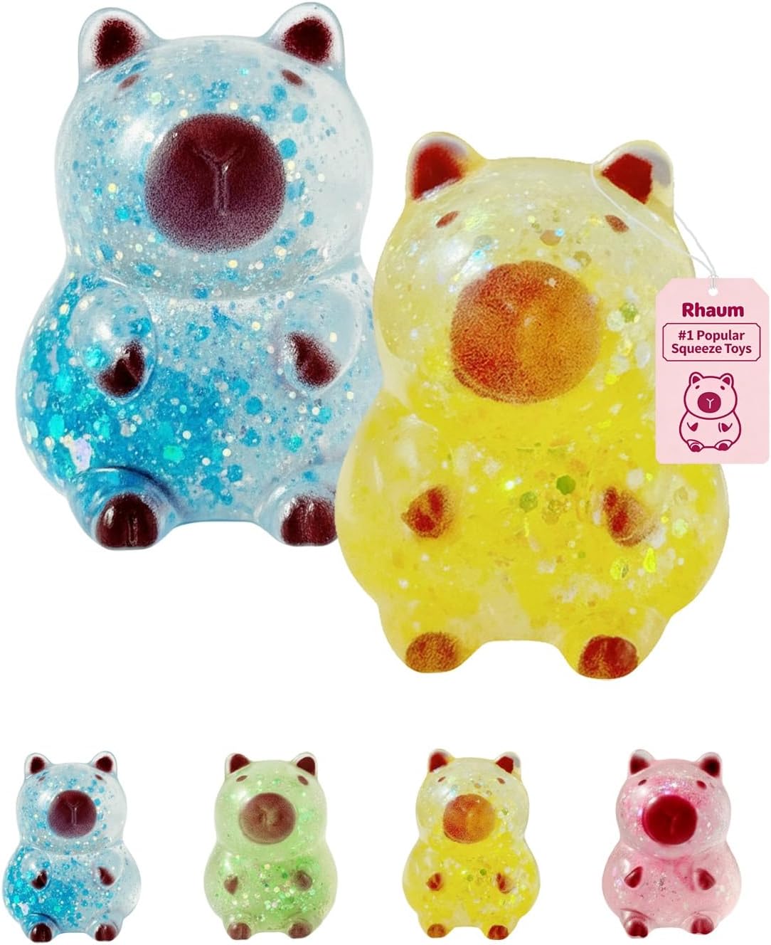 Capybara Squishy Glitter, Sparkly Slow Rising Stress Relief Toy for Adults, Soft TPR Fidget Squeeze Animal with Shimmer, Cute Sensory Desk Decor for Easter Basket Stuffer Gift(Blue+Yellow)