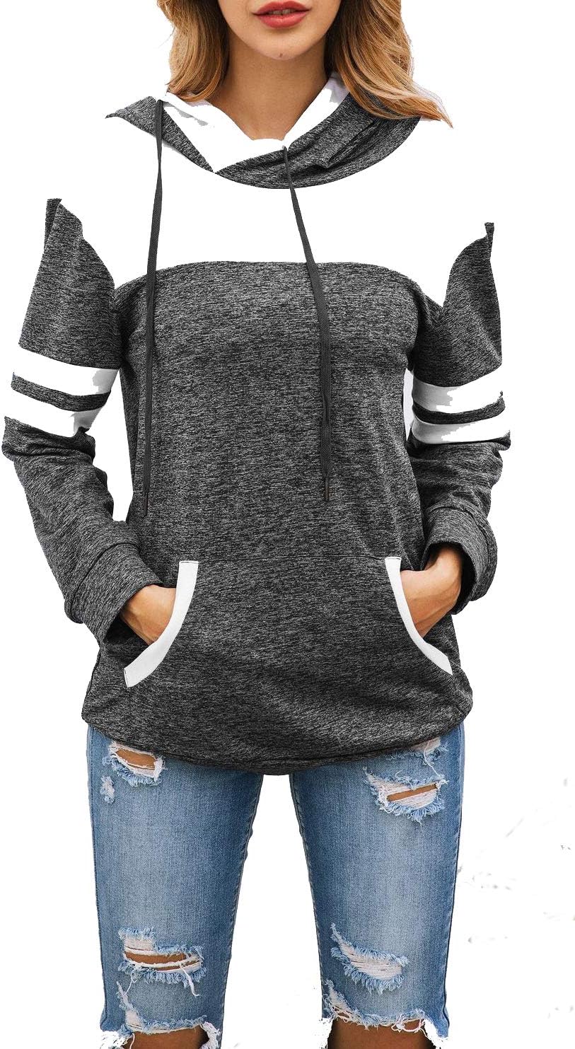 Achruor Women Striped Hoodie Patchwork Sweatshirts Winter Fashion Long Sleeve Sports Hoody with Large Pocket