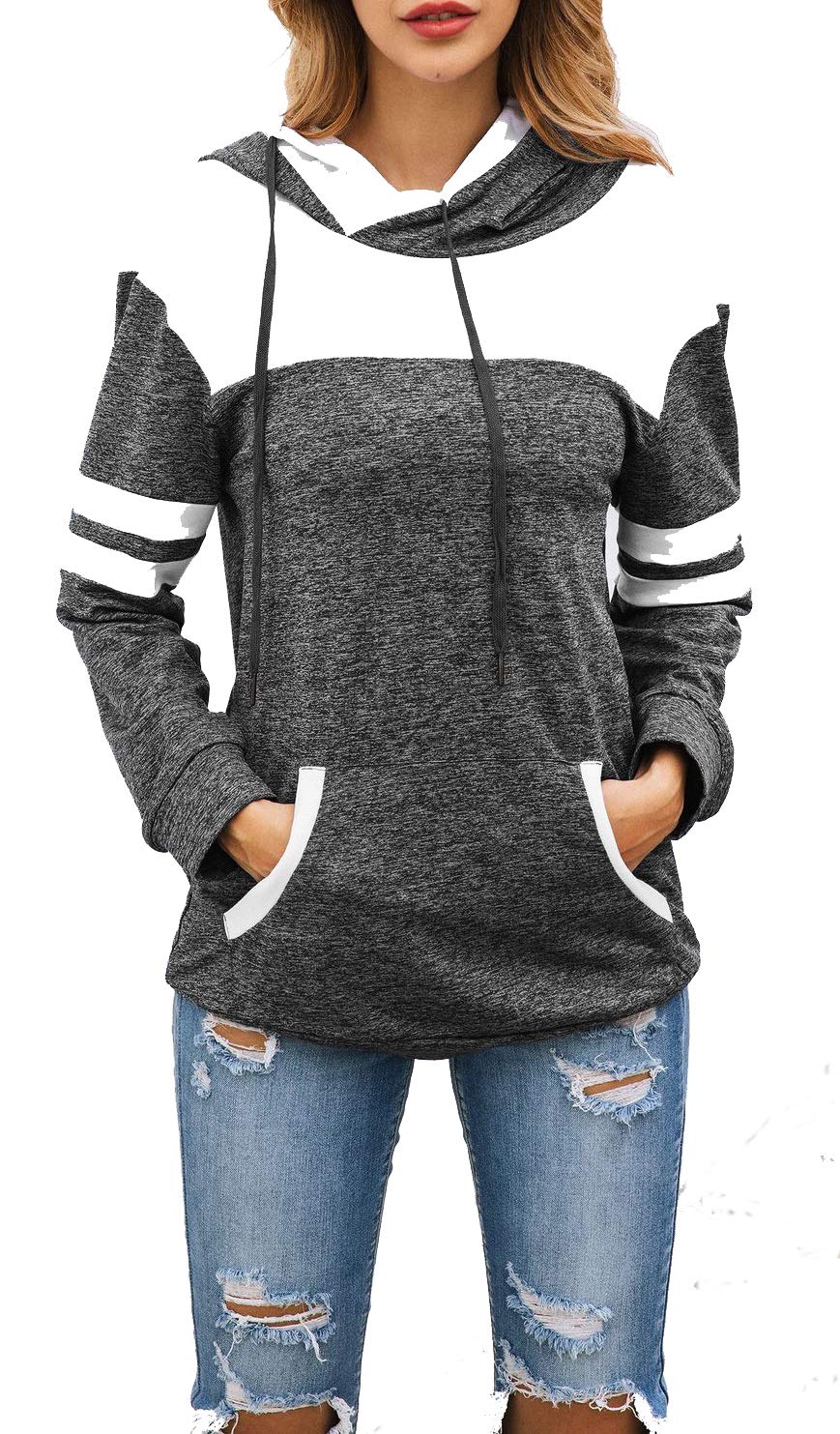 Achruor Women Striped Hoodie Patchwork Sweatshirts Winter Fashion Long Sleeve Sports Hoody with Large Pocket