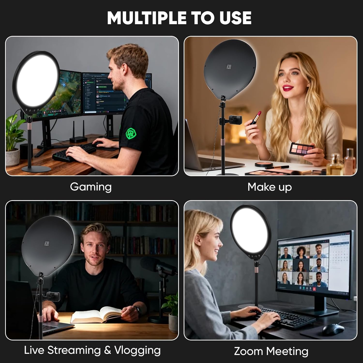 10W 12" Ring Light with Desk Stand & Phone Holder, Dimmable 360° Rotatable LED Full Screen Computer Lamp for Zoom Meetings, Streaming, Gaming, TikTok,YouTube,Videos with Night Light Mode