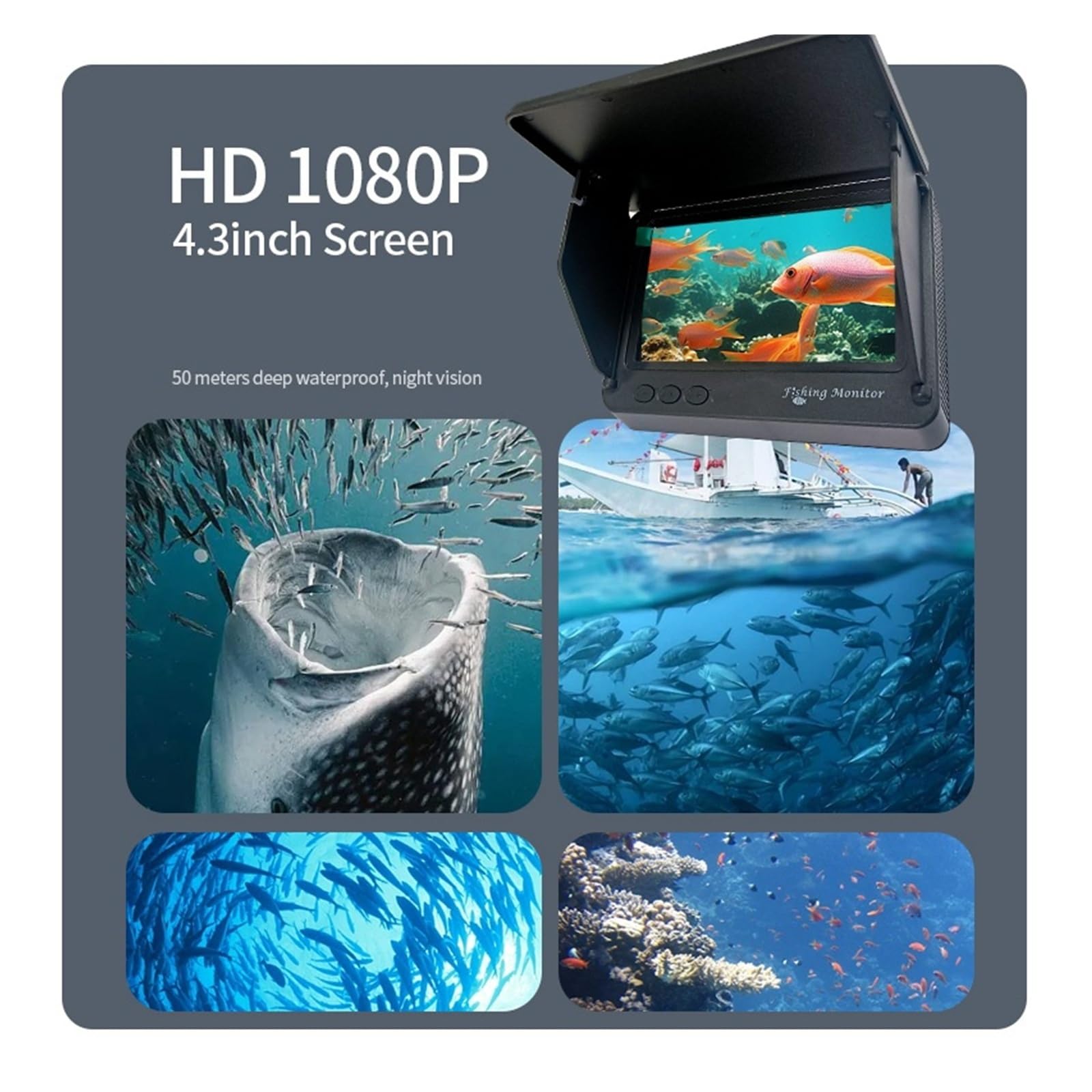 Detector de Peces, Cámara de Pesca submarina portátil con Monitor LCD 4,3" buscador Peces Impermeable visión Nocturna(15M)
