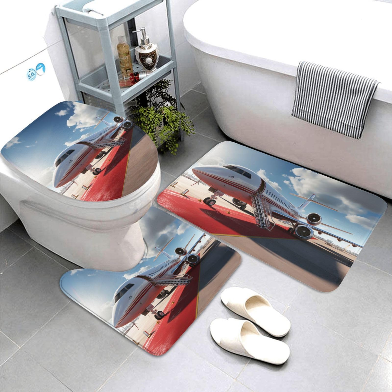 Tapis de salle de bain super absorbants et tapis de contour WC avion rouge 3 pièces