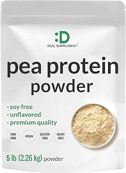 DEAL SUPPLEMENT Unflavored Pea Protein Powder, 5lbs Premium North American Grown Peas Easily Digested Isolate Form Great for Shakes, Bars, or Snacks 27g Protein Serving, Soy Free, Vegan