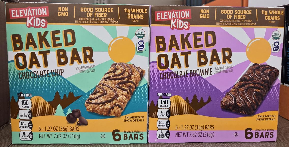 Elevation Kids NON-GMO Organic Baked Oat Bar Chocolate Chip & Chocolate Brownie 7.62oz 216g (Two Boxes)