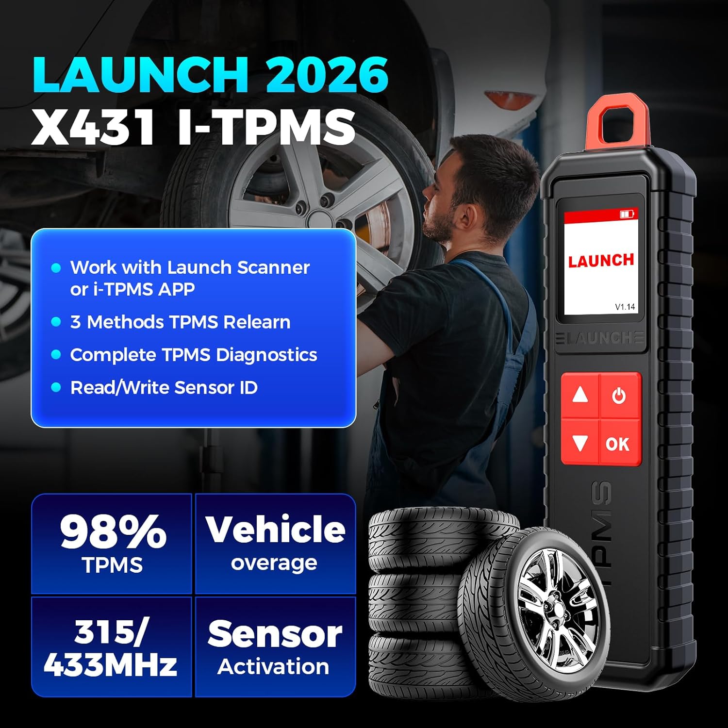 LAUNCH X431 i-TPMS TSGUN device with key features listed