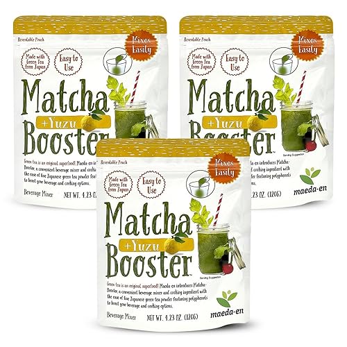 MAEDA-EN Matcha Booster Yuzu - Polvo de té verde 8.47 oz, paquete de 3 bolsas resellables de origen japonés para batidos con leche y hornear, 27144,