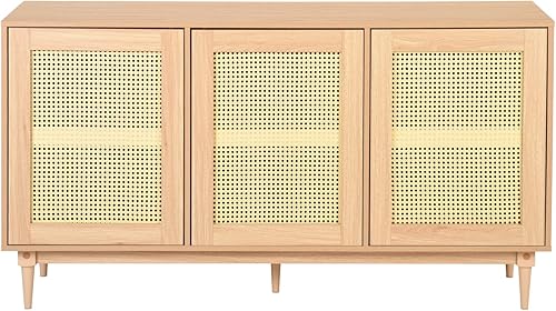 Miniatura 3 de Goujxcy Aparador de ratán para buffet, armario de almacenamiento de cocina con puertas decoradas de ratán, armario de almacenamiento para bar,