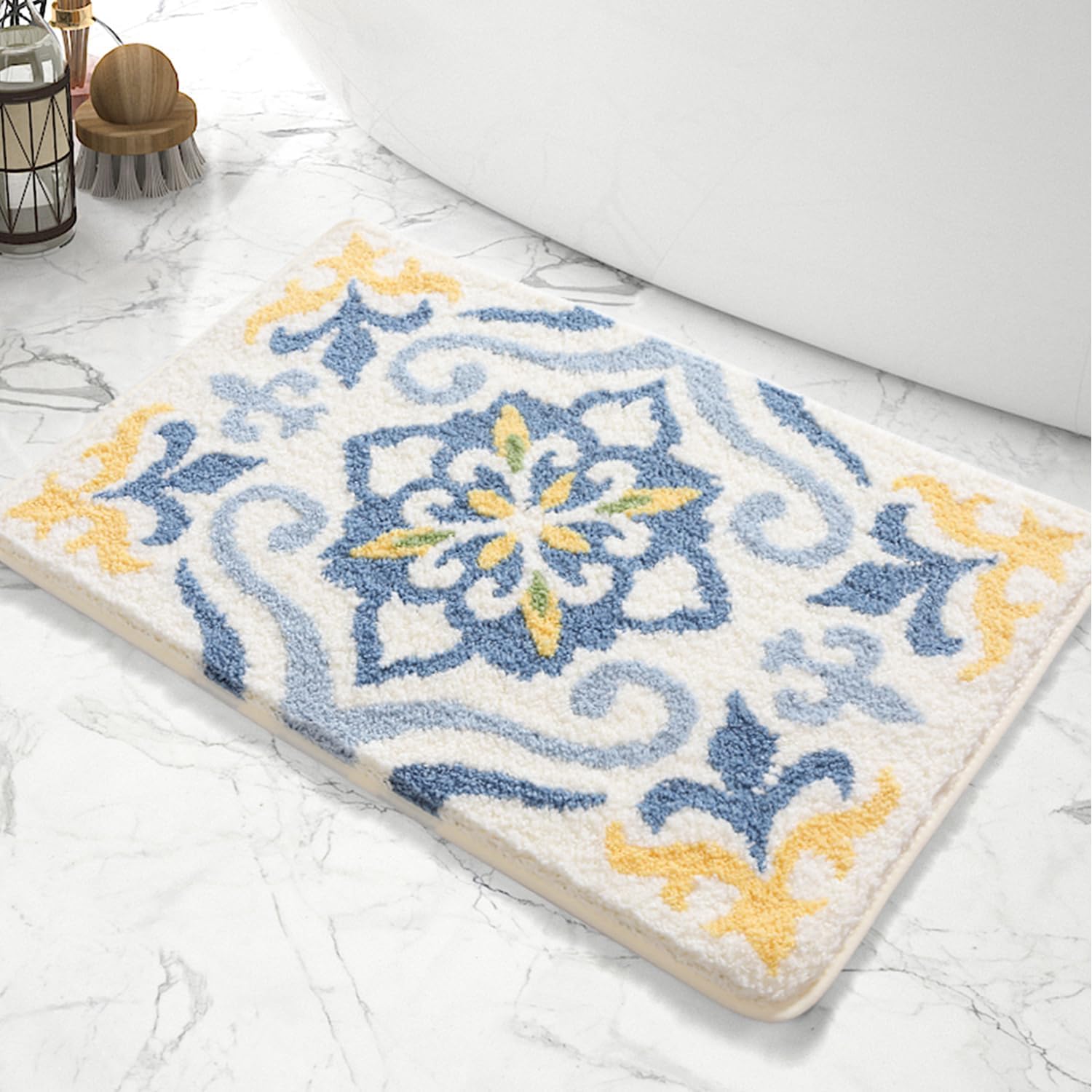 Blue Boho Vintage Tufted Bath Mat Microfiber, Non Slip, Vintage Bathroom Rugs Machine Washable for Bathroom Floor Tub Sink Door Mat (Blue, 31.5x19.7inch)