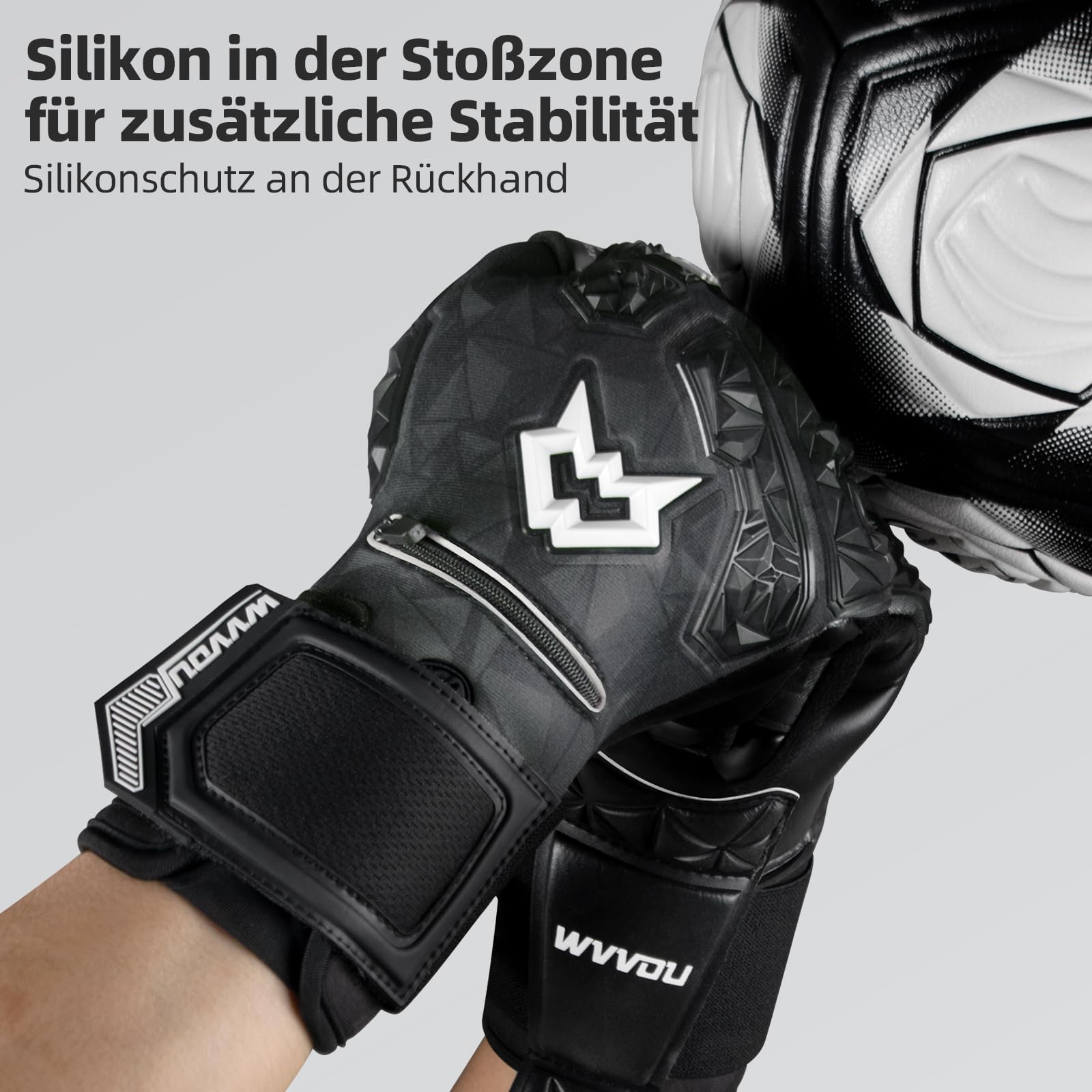 WVVOU Torwarthandschuhe Kinder und Herren, Profi Fußballhandschuhe mit 5 Abnehmbare Fingersaves (Fingerschutze), 4+3mm Latex für Gecko Grip, Silikon-Schlagbereich,Größe 6-11