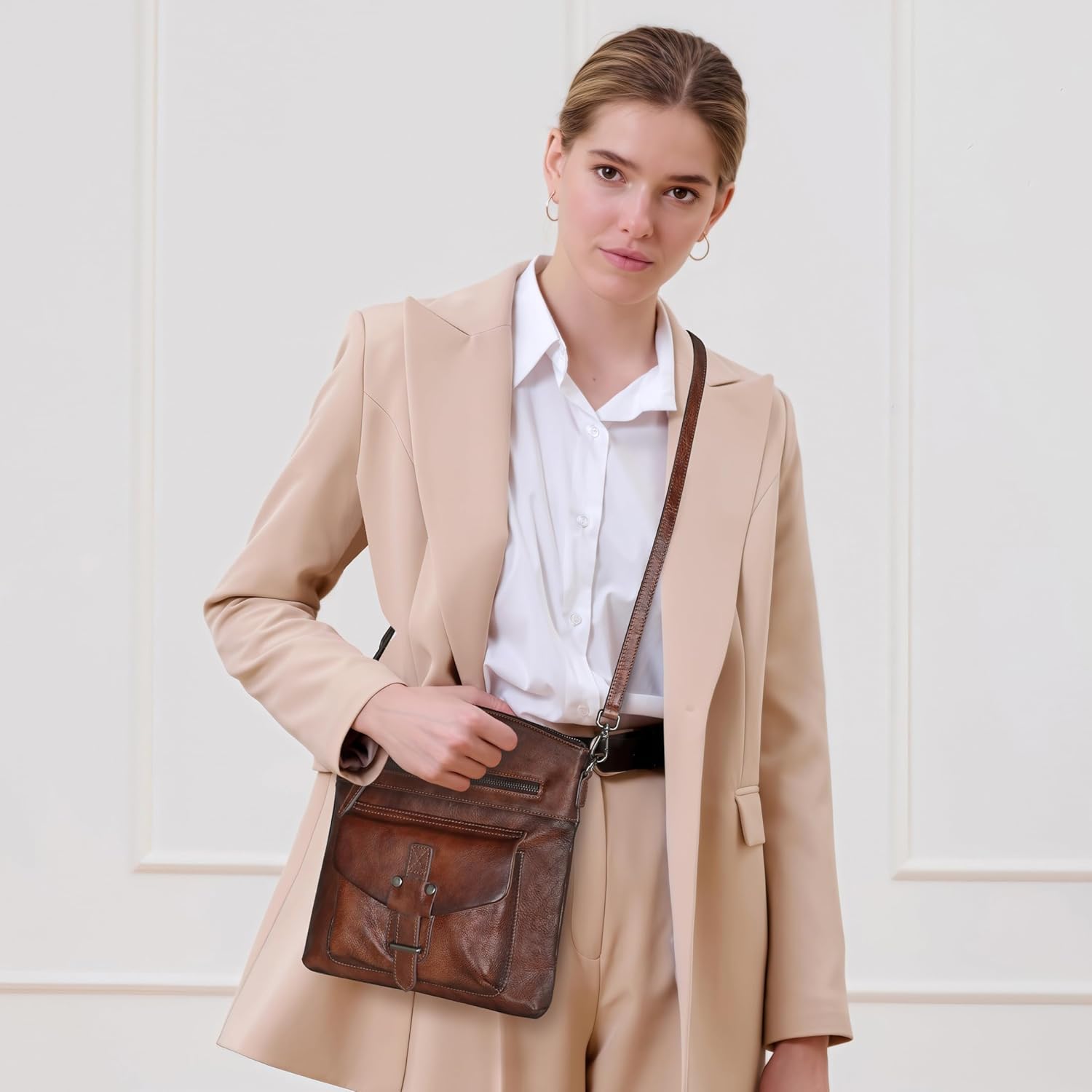 HESHE Leather Crossbody Bags for Women Satchel Purses Shoulder Purses and Handbags Cross Body Bag with Multi Pockets