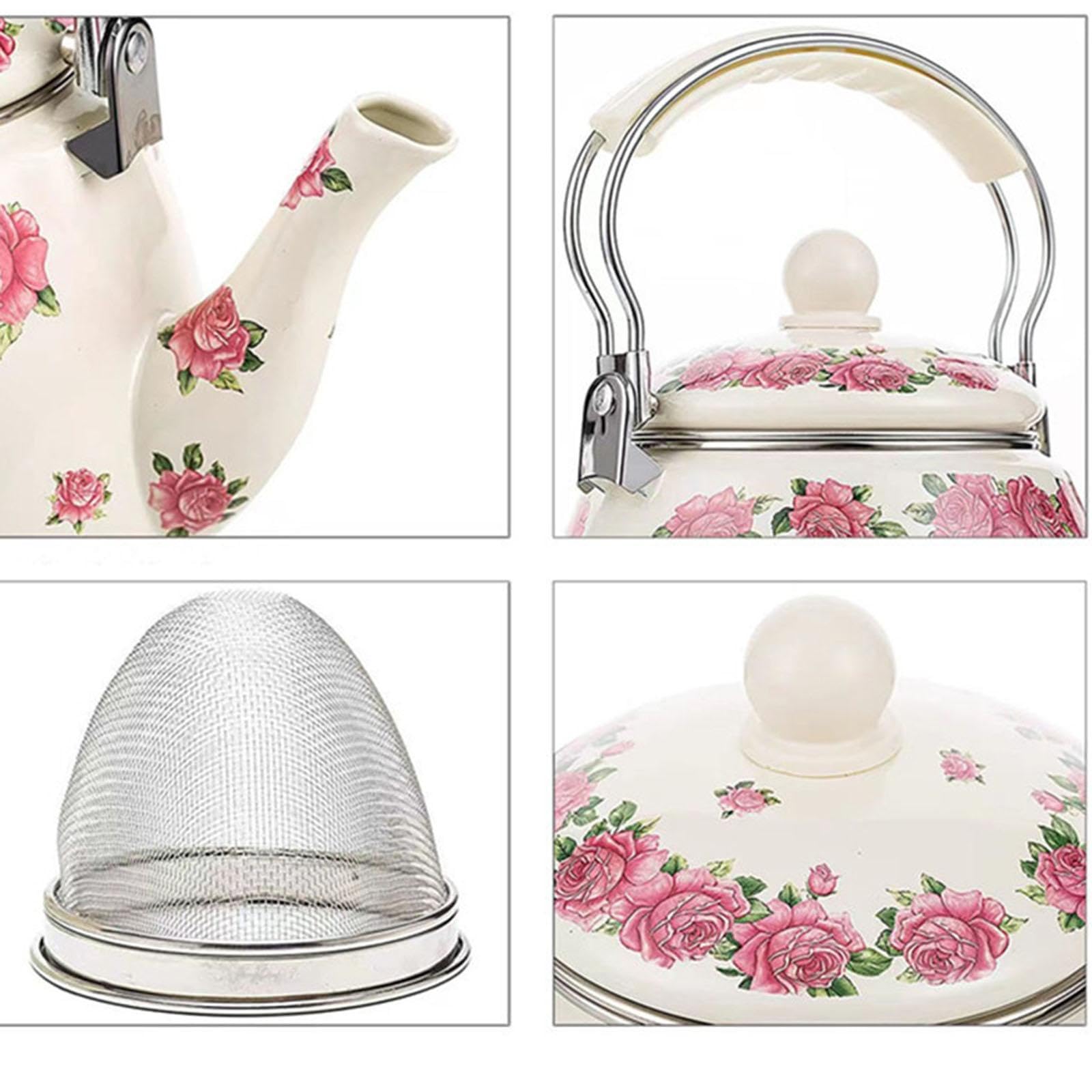 Emaille-Teekessel, Wasserkocher, 3,3 l, robuste Vintage-Blumen-Emaille-Kanne, Kaffeekanne für Zuhause, Restaurant, Kaffee, Tee, heißes Wasser, Rosa