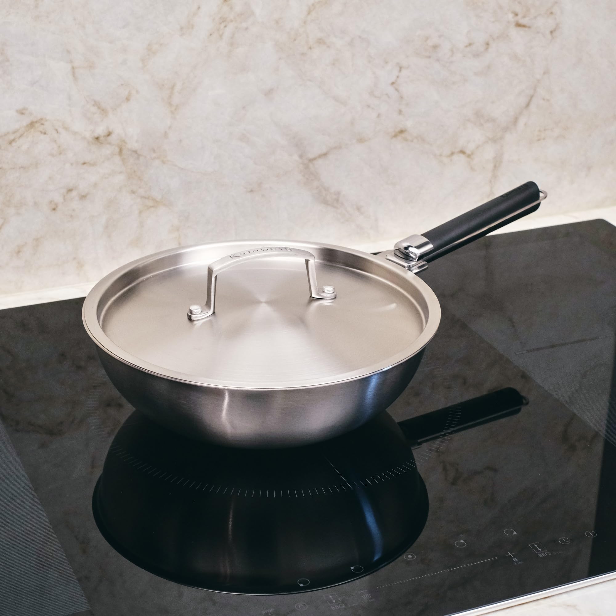 Kamberg - Wok inox 24 cm manche amovible - Acier inoxydable 18/10 Triply - Tous feux dont induction et four, Gris
