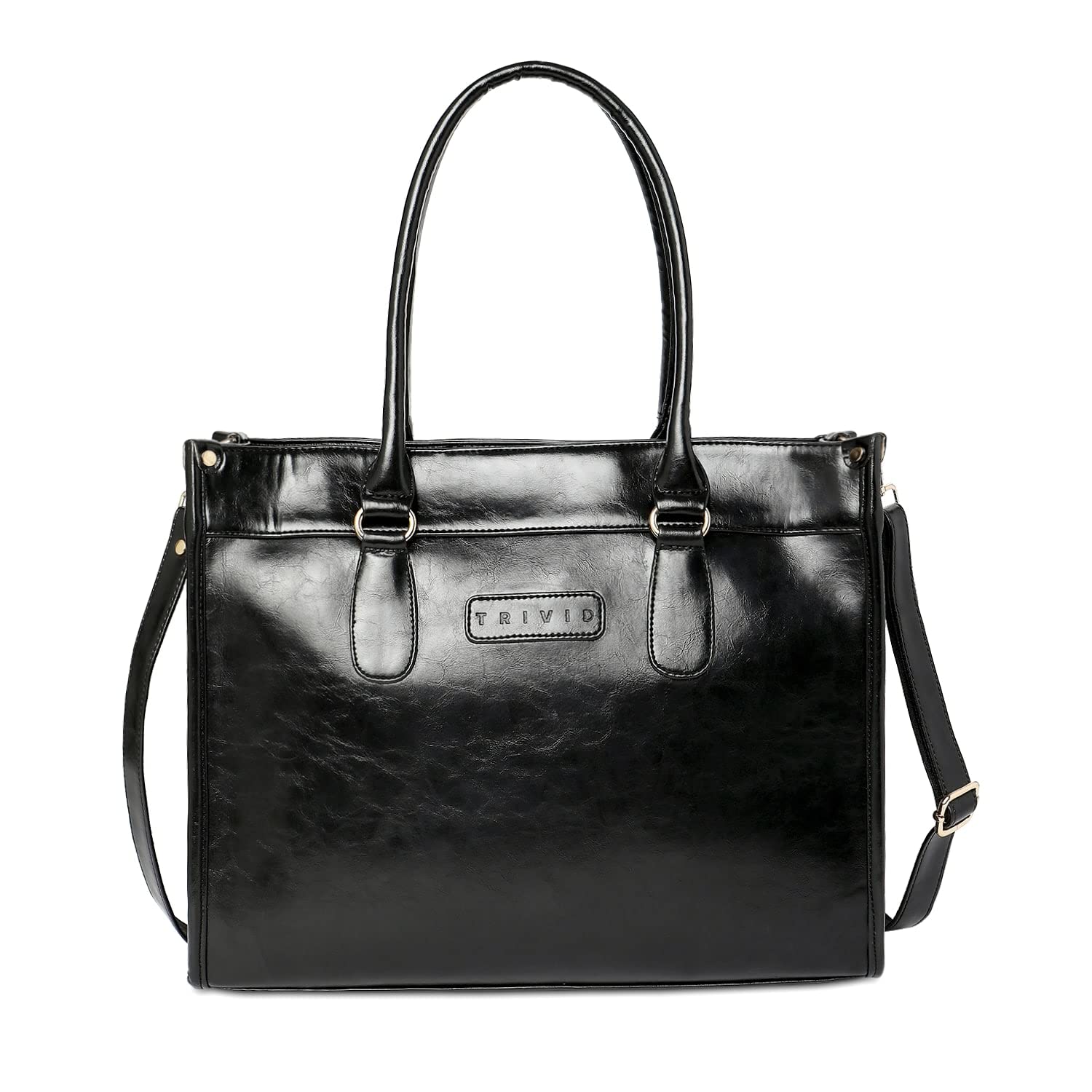 TRIVID Dream Shopper Tote Bag - Handmade Vegan Leather Women's Handbag with Detachable Strap, & Double Handles, Fits 13.3 Inch Laptop, Ideal for Travelling & Office (39 x 15 x 30 cm) - Black