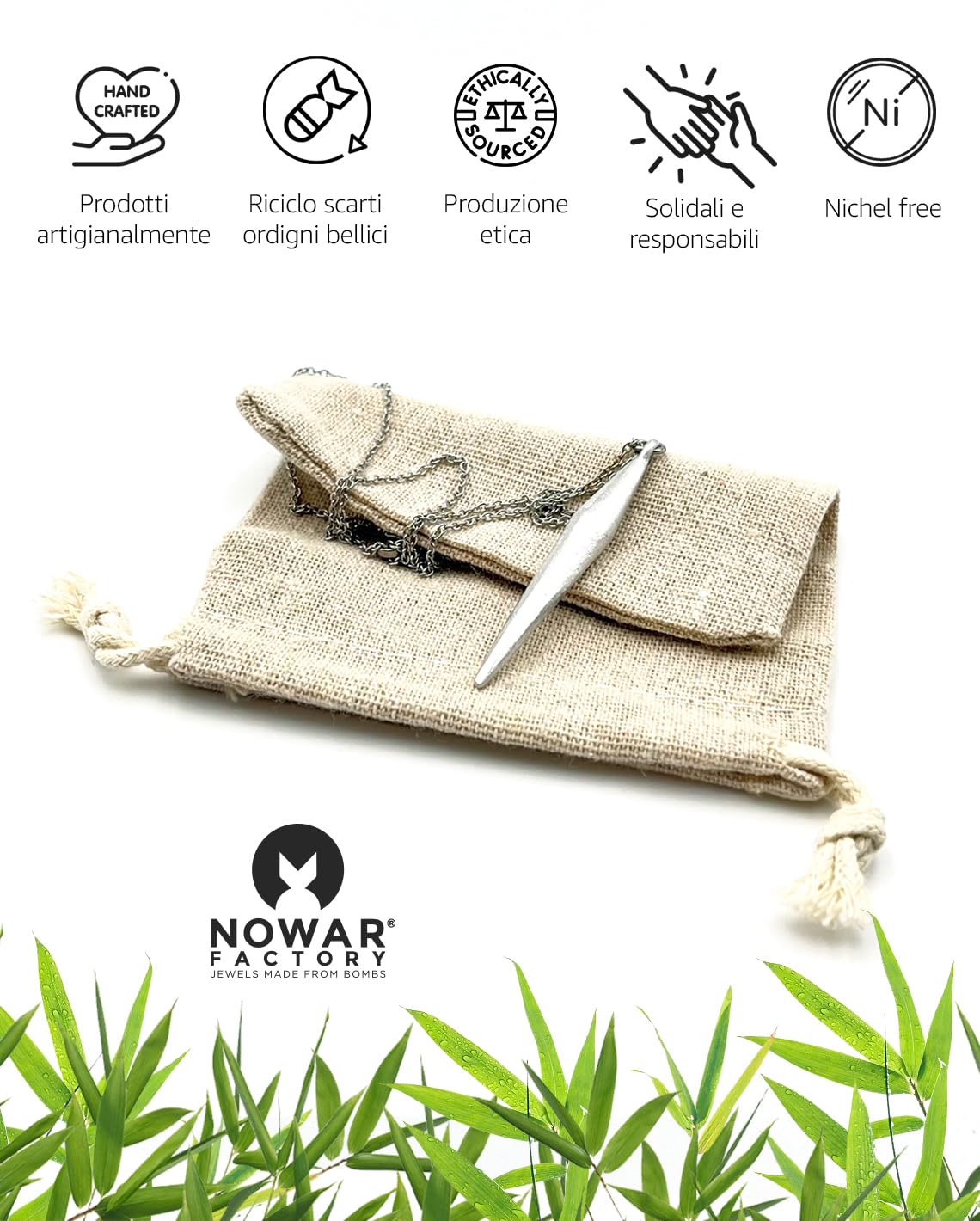 NOWAR FACTORY Collana con Pendente a Forma di Lancia, Catena in Cordino Cerato con Chiusura a Moschettone con Nodo Scorsoio Regolabile, Lunghezza 50 cm - Idea Regalo