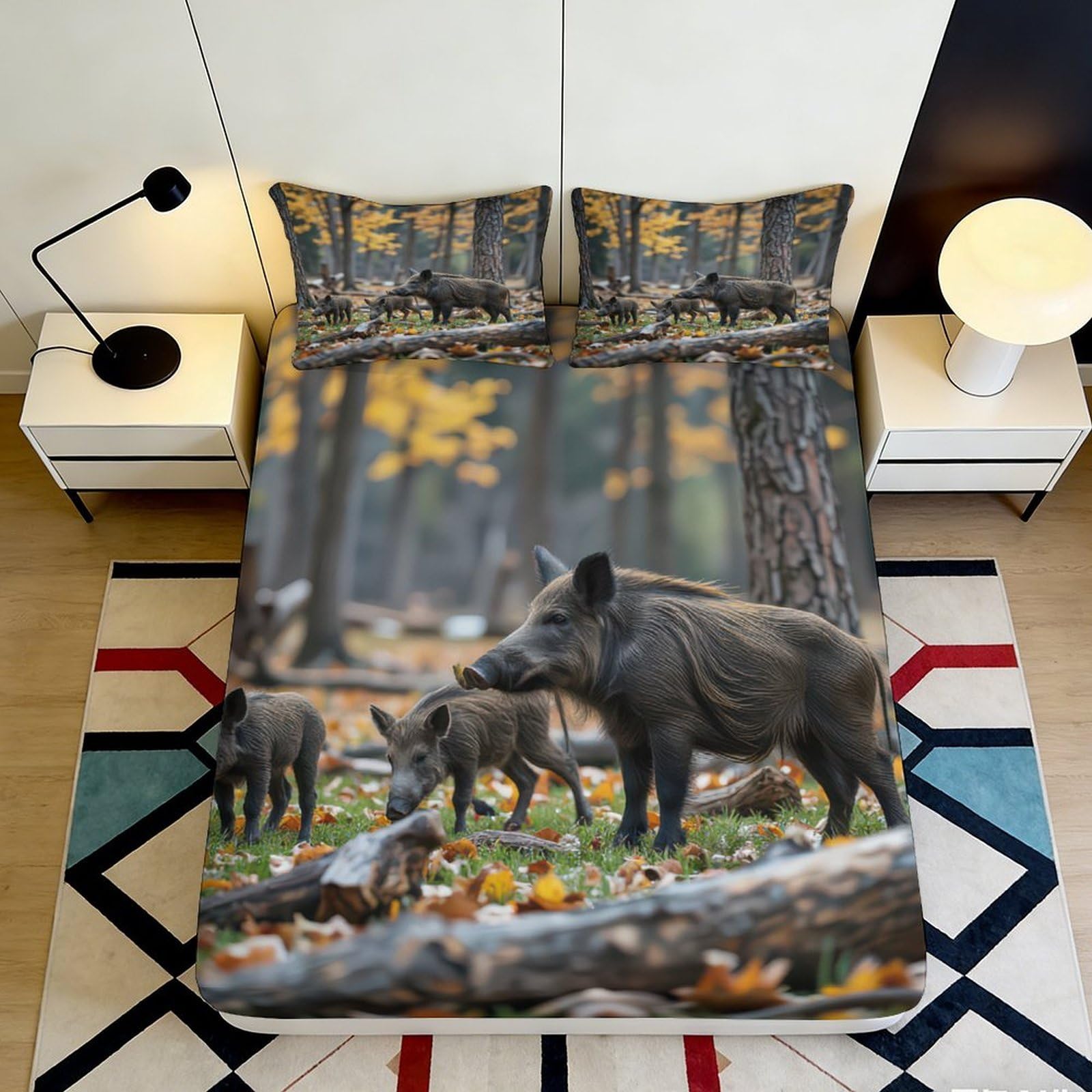 3D Printed Wild Boar Forest Fitted Sheet Microfiber Durable Soft 3D Printed Autumn Woods Mattress Cover for Bedroom Dorm Dormitory Guest Room Decor 140x200x25cm