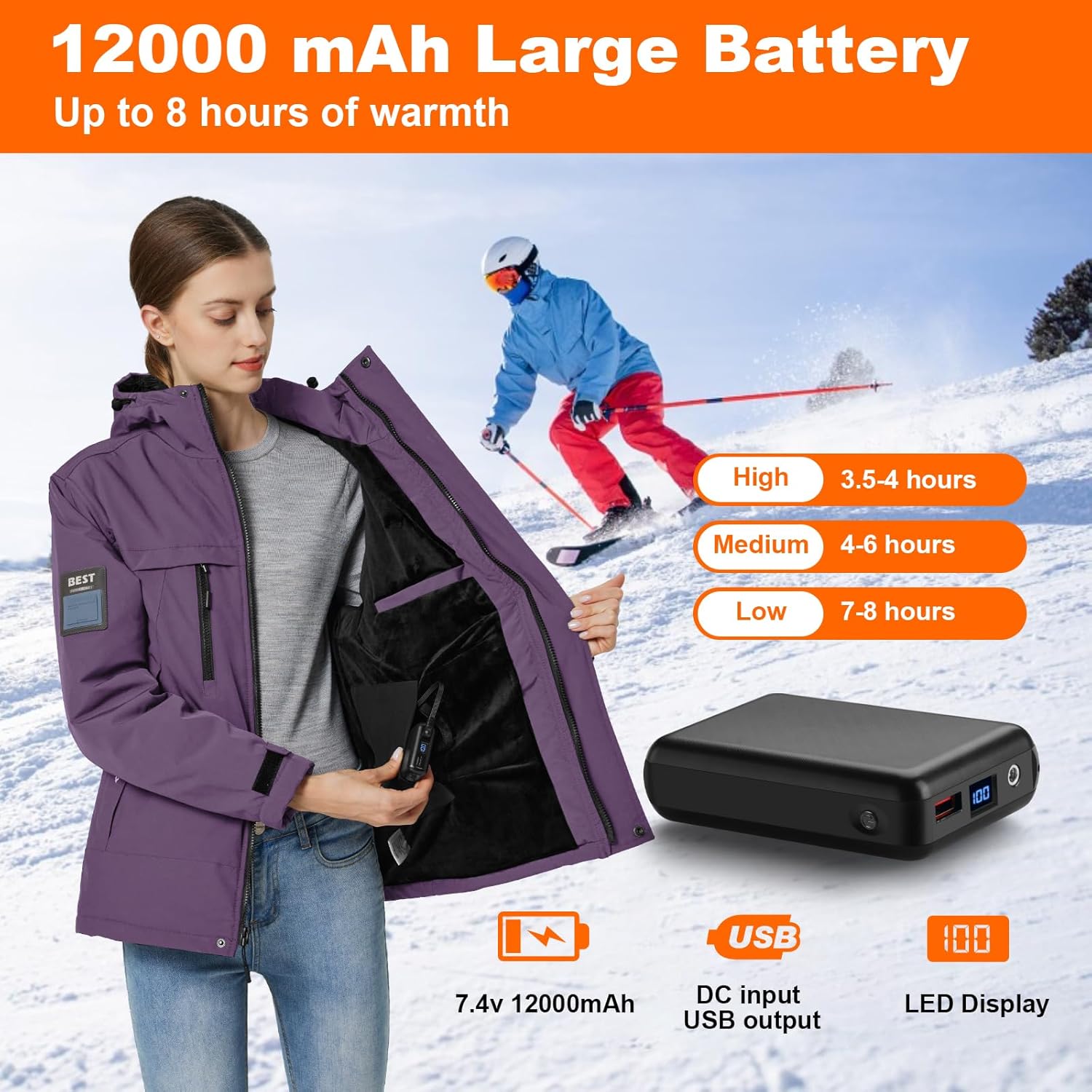 Heated Jacket for Women with Fleece Lining 12000mAh Battery Windproof Waterproof Women's Heated Coat Skiing Hunting - Image 3