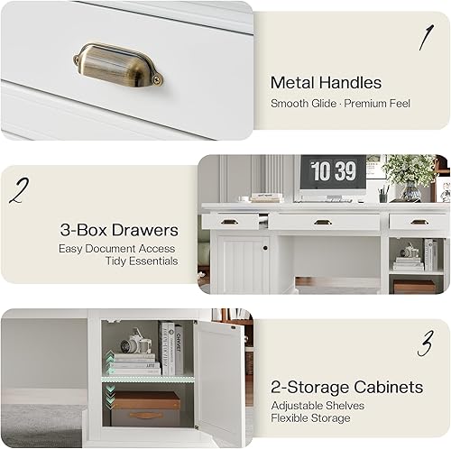 Miniatura 7 de Jocisland - Escritorio ejecutivo de 68" para oficina en casa y estudio, mesa de ordenador con panel acanalado con 3 cajones y 2 armarios, escritorio