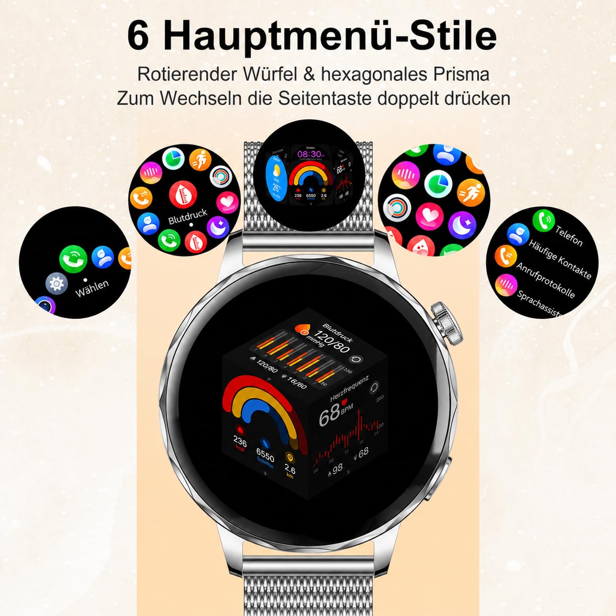 Smartwatch Donna Chiamate BLE5.3, 1,27'' HD Schermo Orologio Smartwatch Rotondo con Notifiche Messaggi/120+ Sportive/Cardiofrequenzimetro/SpO2/Sonno, Smart Watch Donna IP68 per Android iOS, Argento