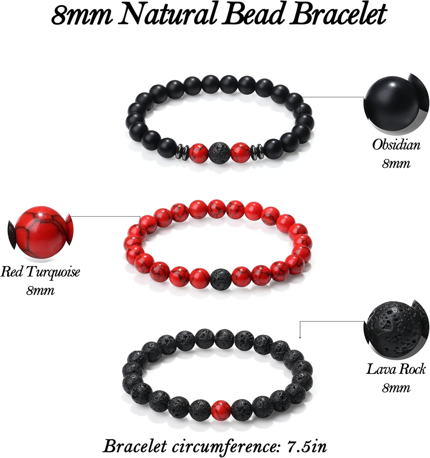 XIANNVXI Natural Stone Beads Bracelet for Men Crystal Bracelets 8MM Tiger Eye Lava Rock Obsidian Beaded Bracelet Set Black/Red/Blue Crystal Beaded Bracelets for Men - Image 6