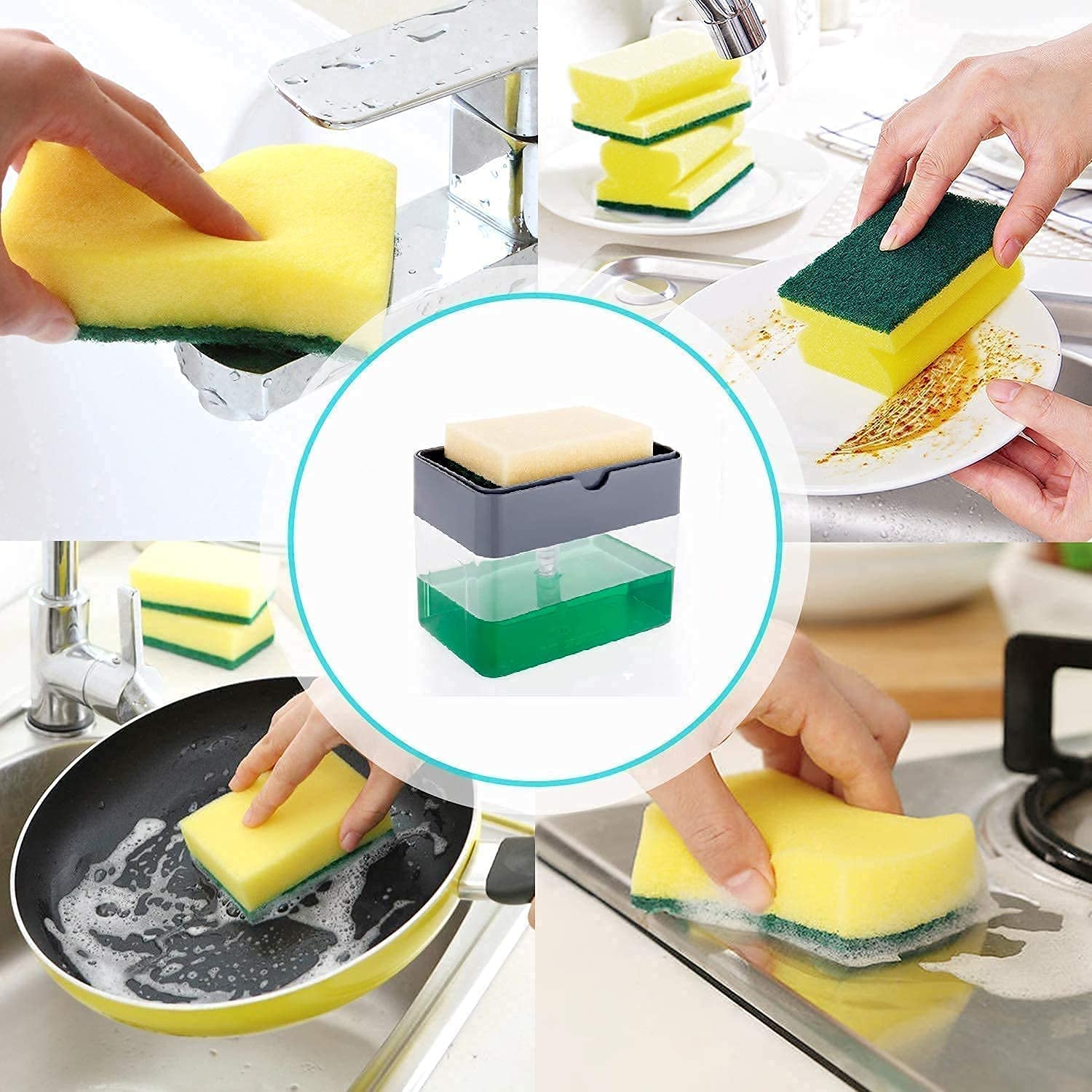 Kmils Liquid Soap Pump Dispenser with Utensil Cleaning Sponge for Kitchen Sink and Bathroom 1