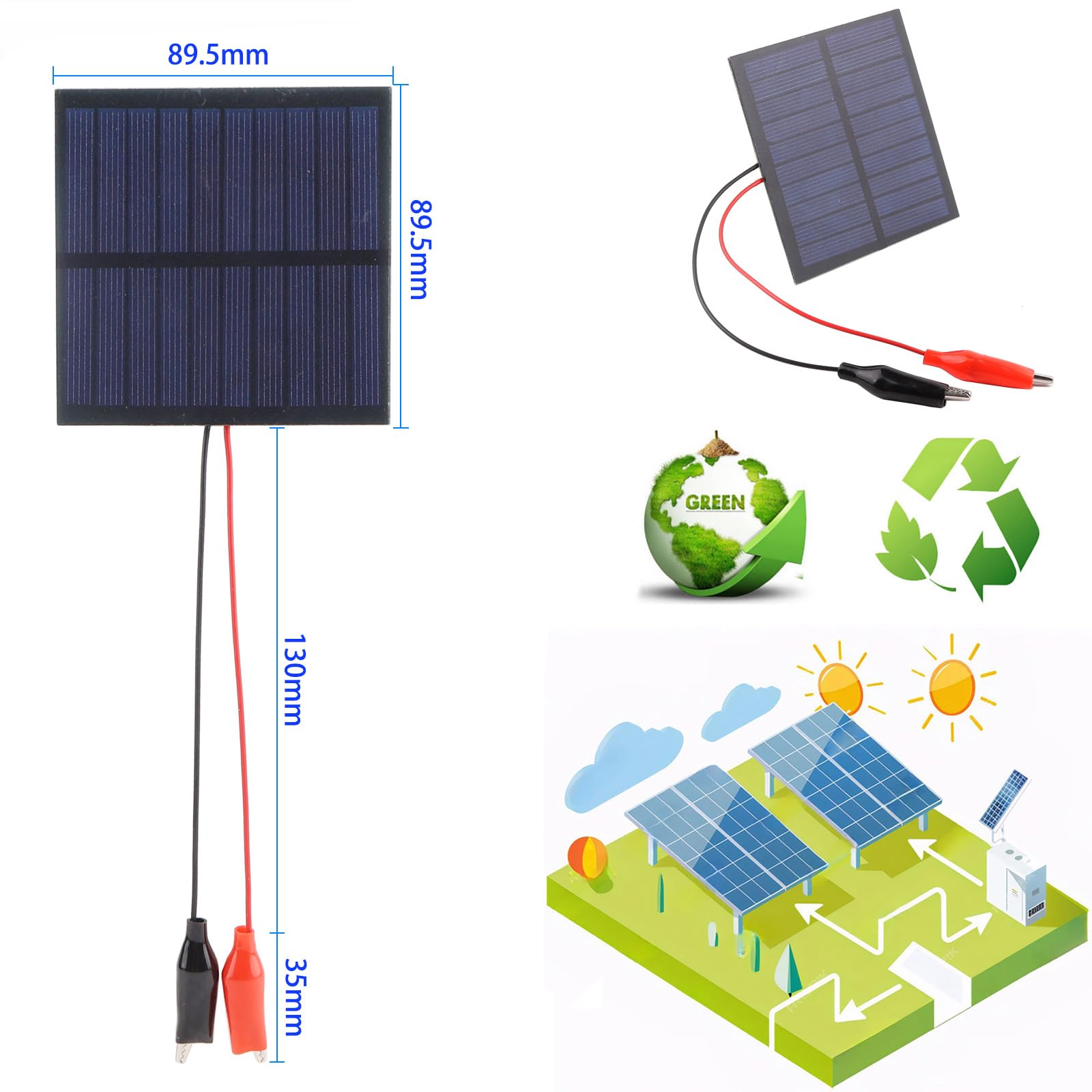 5 paneles solares pequeños, 1 W, 5 V, 200 ma, mini panel solar fotovoltaico, kit de cargador de células solares con clip de alambre de 89,5 mm x 89,5 mm para teléfono, luz eléctrica de juguete
