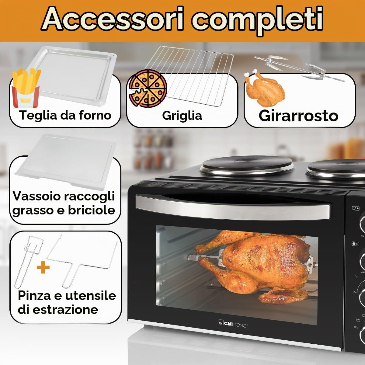 Clatronic® Mini forno con piastre e spiedo rotante - cottura e cottura simultanea - 28L convezione calore superiore/inferiore 100°-230°C, mini forno elettrico 3100 Watt incl. accessori - KK 3786