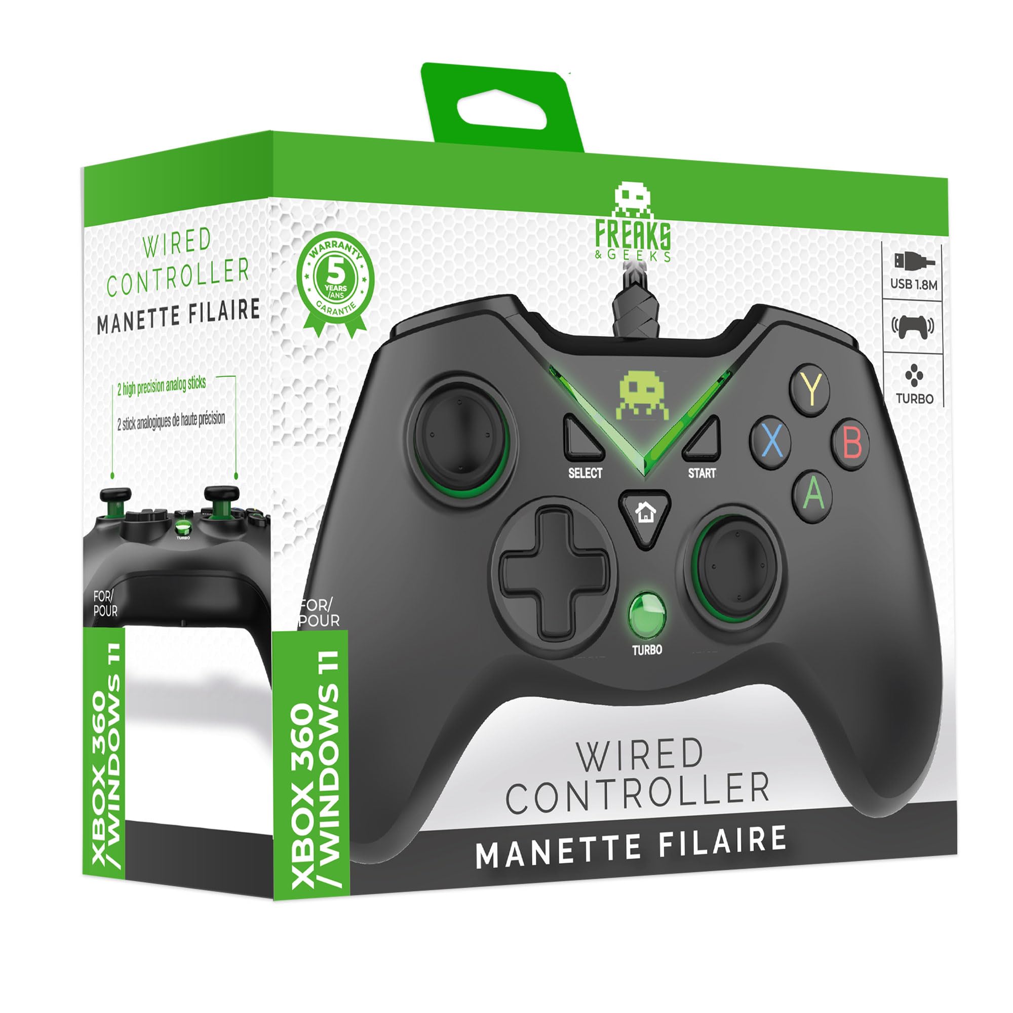 Freaks and Geeks - Manette Filaire Noire pour Xbox 360 / Windows 10-11